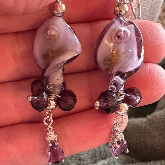 Hand Crafted Purple Glass Earrings - Picture 2 of 2
